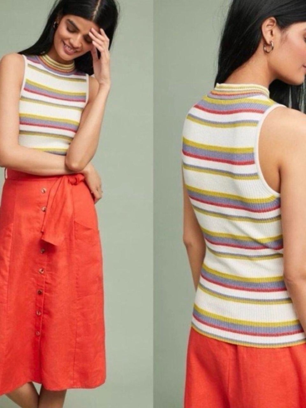 Moth White Ribbed Tank with Pink, Yellow, Blue & Green Stripes
